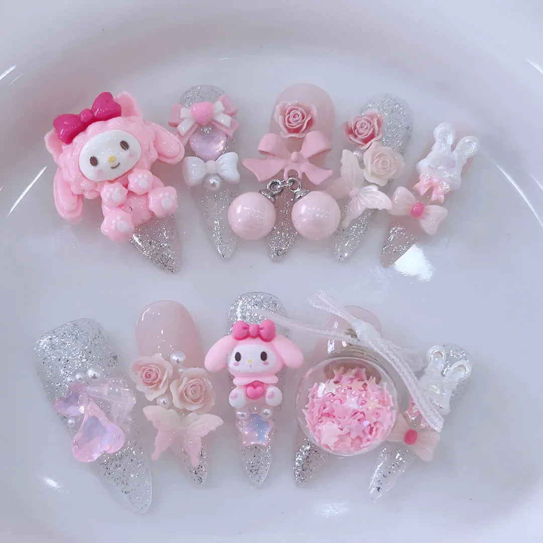 10Pcs Cute 3D Hello Kitty Kuromi Cartoon Handmade Nail Art Fashion Bow Luxury Diamond Detachable Full Cover Nails Holiday Gift