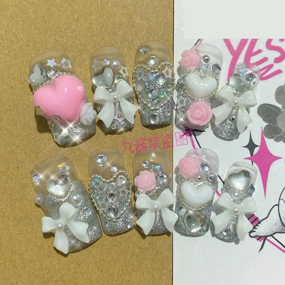 10Pcs Handmade Diy Cartoon Nail Art Hello Kitty Y2K 3D Flower Star Conch Shape Press On Nail Full Coverage Design Girls Gift