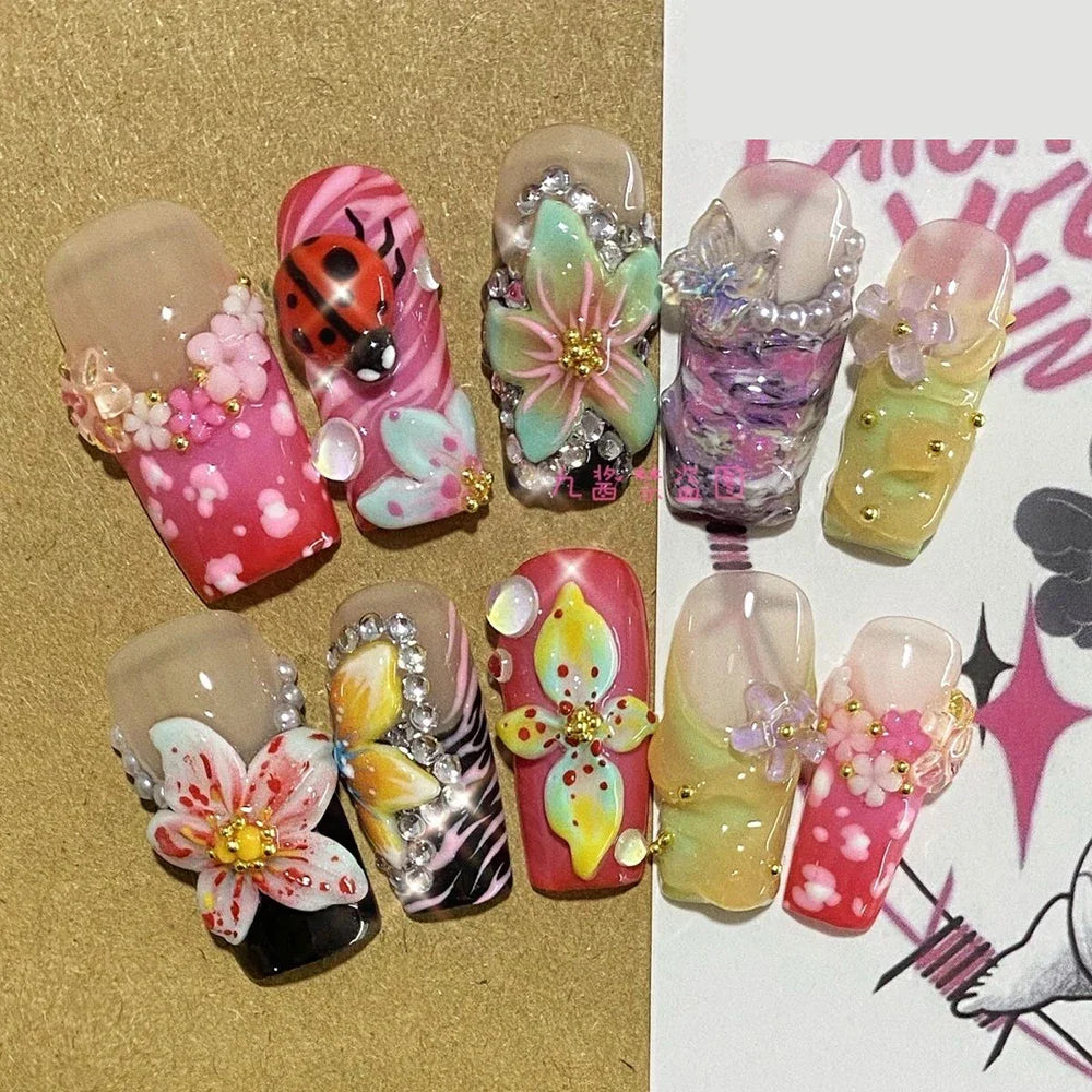 10Pcs Handmade Diy Cartoon Nail Art Hello Kitty Y2K 3D Flower Star Conch Shape Press On Nail Full Coverage Design Girls Gift