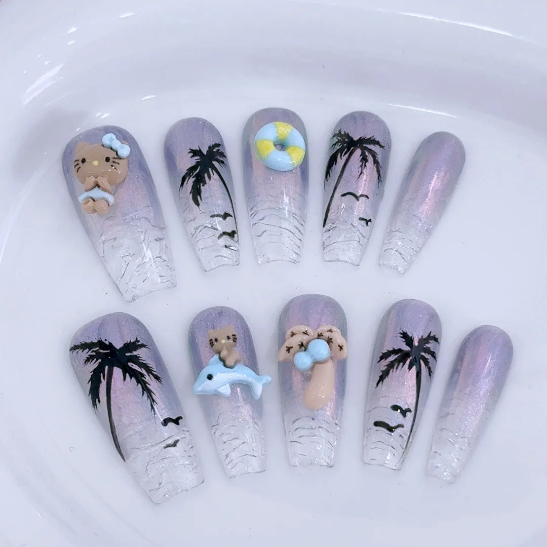 Sanrio Handmade French Press On Nails Hellokitty White Rose Cherry Girl Wearable Nail Tips Long Coffin Square Fake Nails Gift