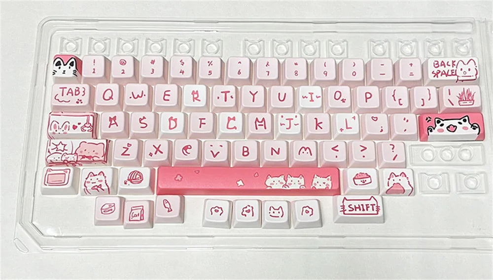 66/146 Keys MDA Profile Pink Cute Cat Keycaps For Gaming Mechanical Keyboard Mx Switch PBT Sublimation Customized DIY Key Caps