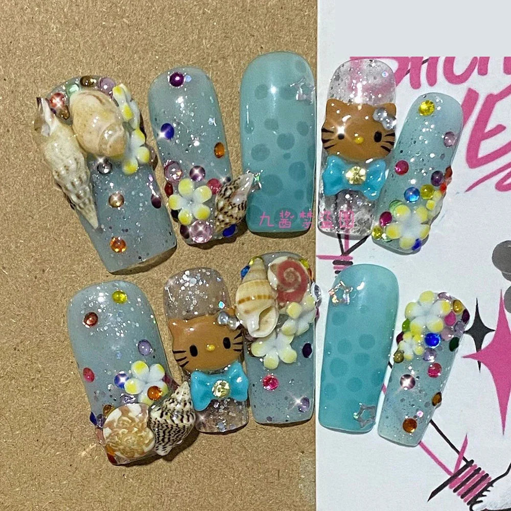10Pcs Handmade Diy Cartoon Nail Art Hello Kitty Y2K 3D Flower Star Conch Shape Press On Nail Full Coverage Design Girls Gift
