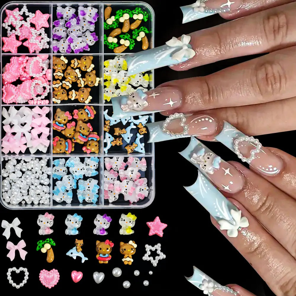 12Girds/Box Sanrioed Hello Kitty Nail Art Rhinestone Kawaii Kuromi Nail Charms Kit DIY Jewelry Decoration Manicure DIY Nail Part