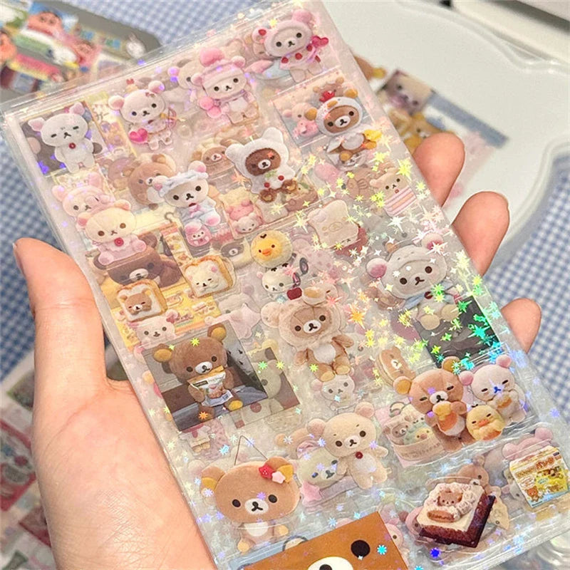 5pcs Hello Kitty Rilakkuma Cute Cartoon Die-cutting Sticker Kitty Cat Anime Handbooks Material Stickers Flashing Laser Stickers
