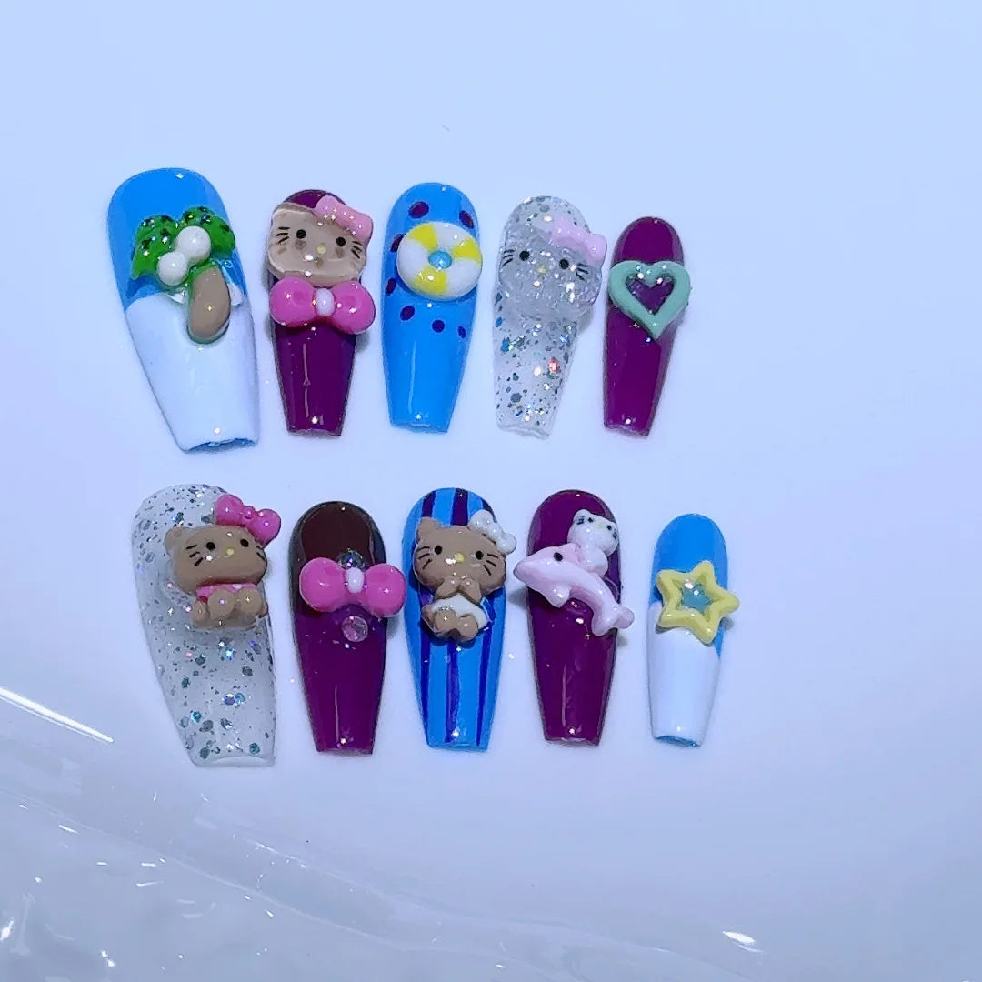 10Pcs Cute 3D Hello Kitty Kuromi Cartoon Handmade Nail Art Fashion Bow Luxury Diamond Detachable Full Cover Nails Holiday Gift