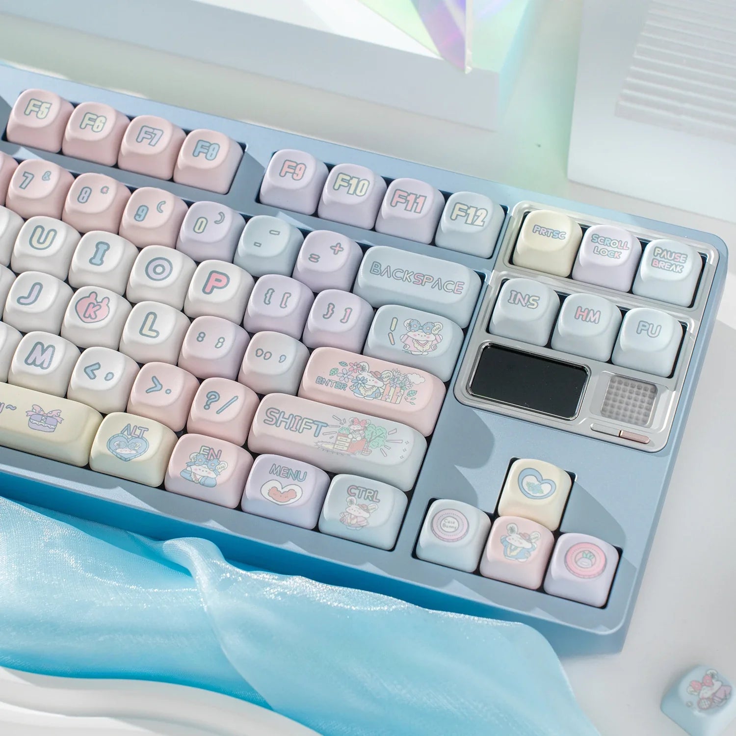 Peach Rabbit Theme Keycap PBT Thermal Sublimation Blue Pink Gradient Ball Cap 131Keys Cute Bunny Mechanical Keyboard Keycaps