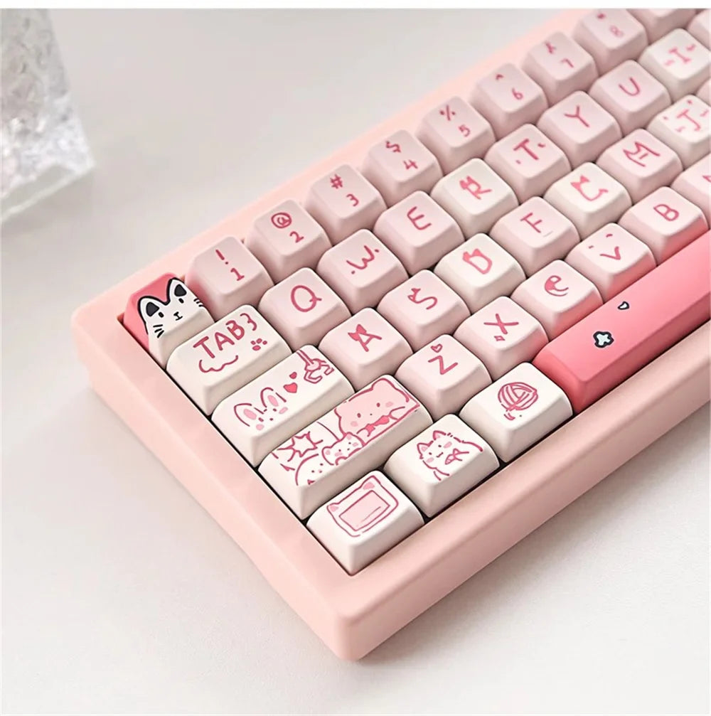 66/146 Keys MDA Profile Pink Cute Cat Keycaps For Gaming Mechanical Keyboard Mx Switch PBT Sublimation Customized DIY Key Caps