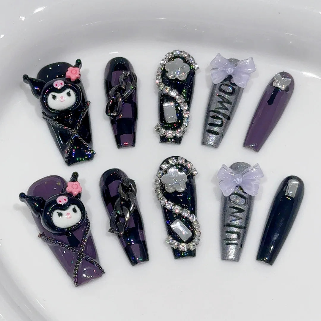 10Pcs Cute 3D Hello Kitty Kuromi Cartoon Handmade Nail Art Fashion Bow Luxury Diamond Detachable Full Cover Nails Holiday Gift