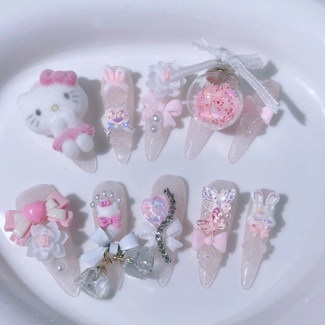 10Pcs Cute 3D Hello Kitty Kuromi Cartoon Handmade Nail Art Fashion Bow Luxury Diamond Detachable Full Cover Nails Holiday Gift