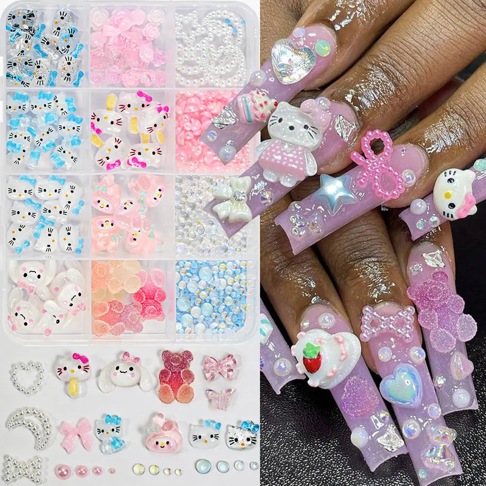 12Girds/Box Sanrioed Hello Kitty Nail Art Rhinestone Kawaii Kuromi Nail Charms Kit DIY Jewelry Decoration Manicure DIY Nail Part