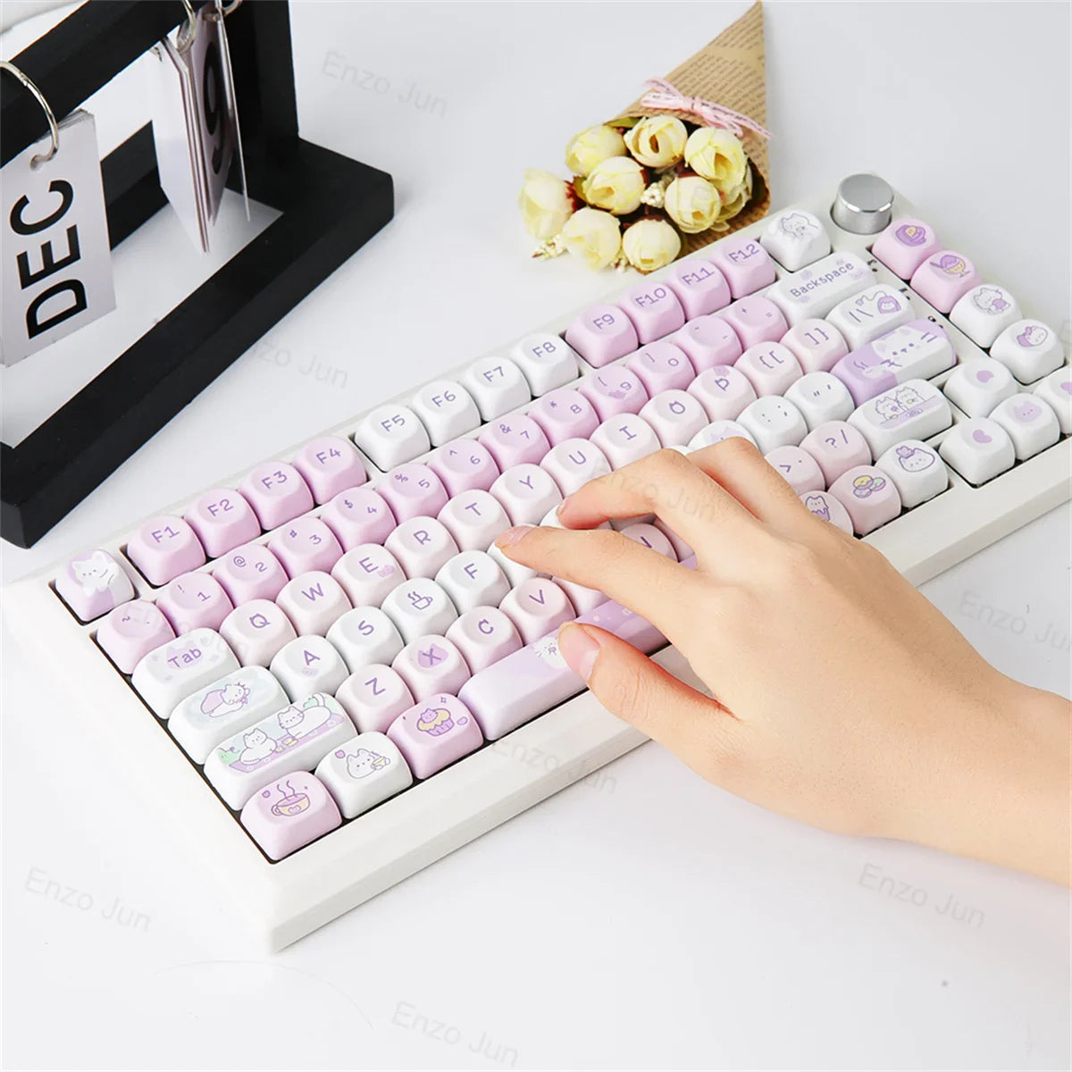 132 Keys Dye Sublimation PBT Keycaps Purple Cute Cat Themed MOT Profile Keycap for Gateron MOA MX Switches Mechanical Keyboard