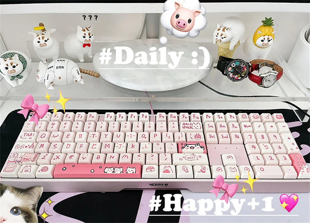 66/146 Keys MDA Profile Pink Cute Cat Keycaps For Gaming Mechanical Keyboard Mx Switch PBT Sublimation Customized DIY Key Caps