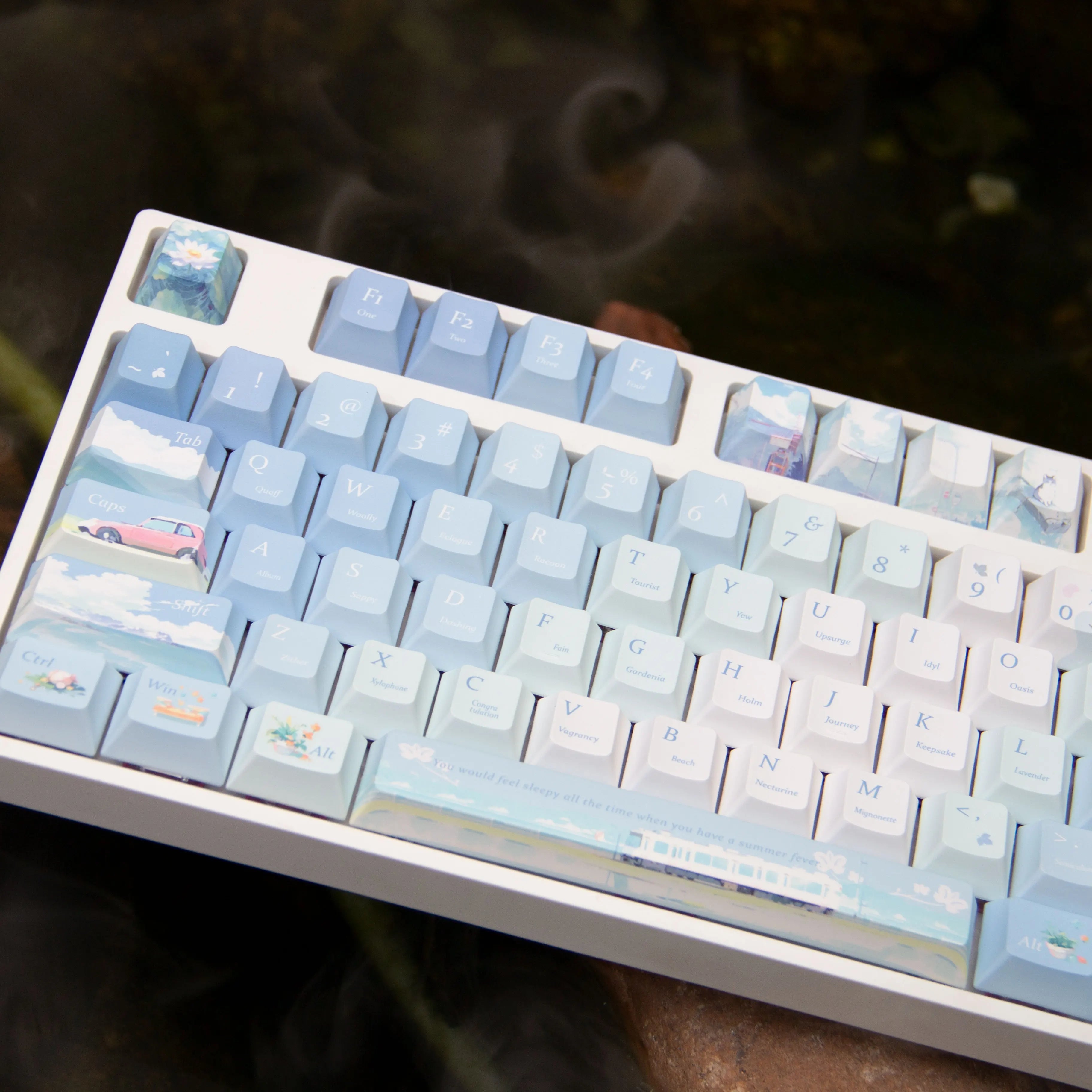 130Key Keycap Blue Chasing Summer Cool Theme Qx3 Cherry Side Engraved Diy Mechanical Keyboard Cartoon Cute Round Gradient Keycap
