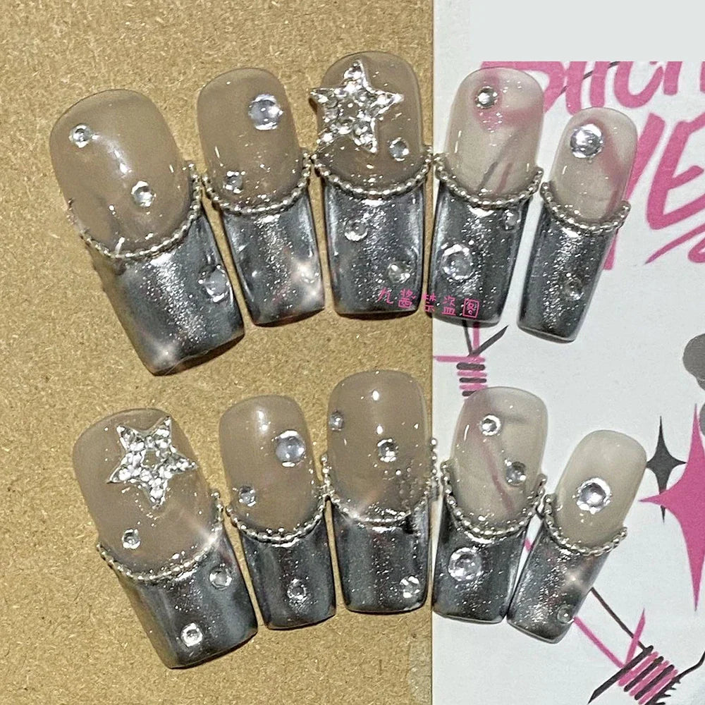 10Pcs Handmade Diy Cartoon Nail Art Hello Kitty Y2K 3D Flower Star Conch Shape Press On Nail Full Coverage Design Girls Gift