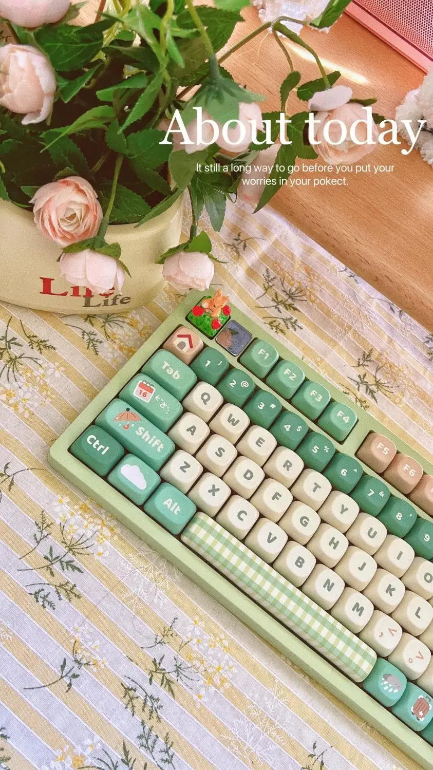 132-Key Spring Green Keycap Cute MOA Height PBT Material Suitable For Mechanical Keyboard DIY Girlfriend Birthday Gift Keycaps