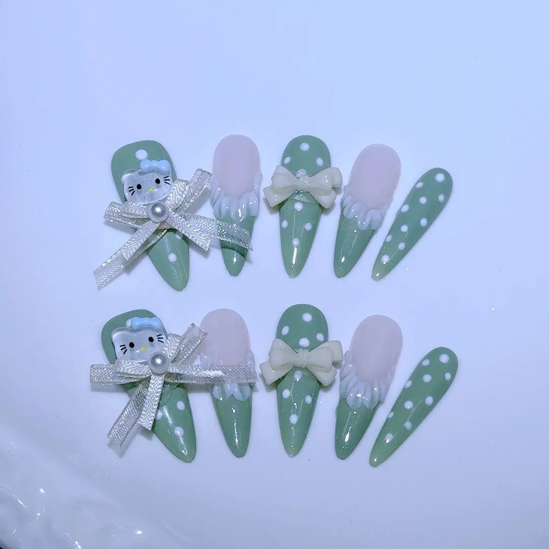 Sanrio Handmade French Press On Nails Hellokitty White Rose Cherry Girl Wearable Nail Tips Long Coffin Square Fake Nails Gift