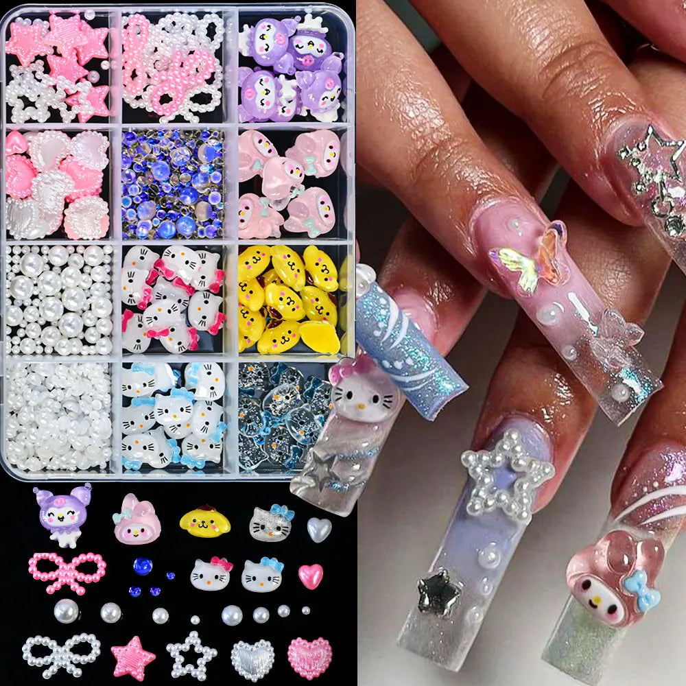 12Girds/Box Sanrioed Hello Kitty Nail Art Rhinestone Kawaii Kuromi Nail Charms Kit DIY Jewelry Decoration Manicure DIY Nail Part