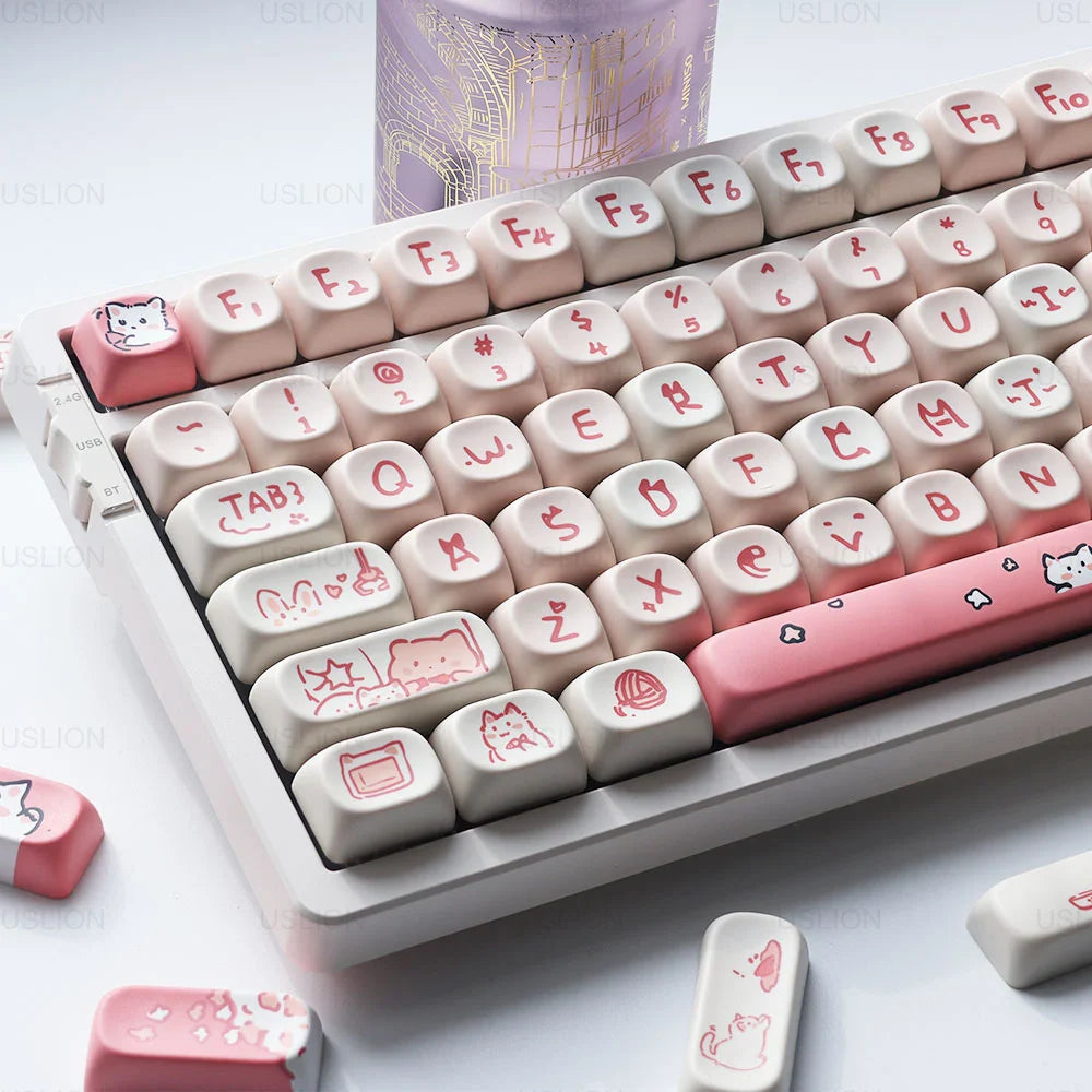 USLION 139Keys Keycaps Pink Meow Cat Theme MOA Profile PBT Kep Caps for 61/64/68/84/75/87/96/104 Keys Gaming Mechanical Keyborad