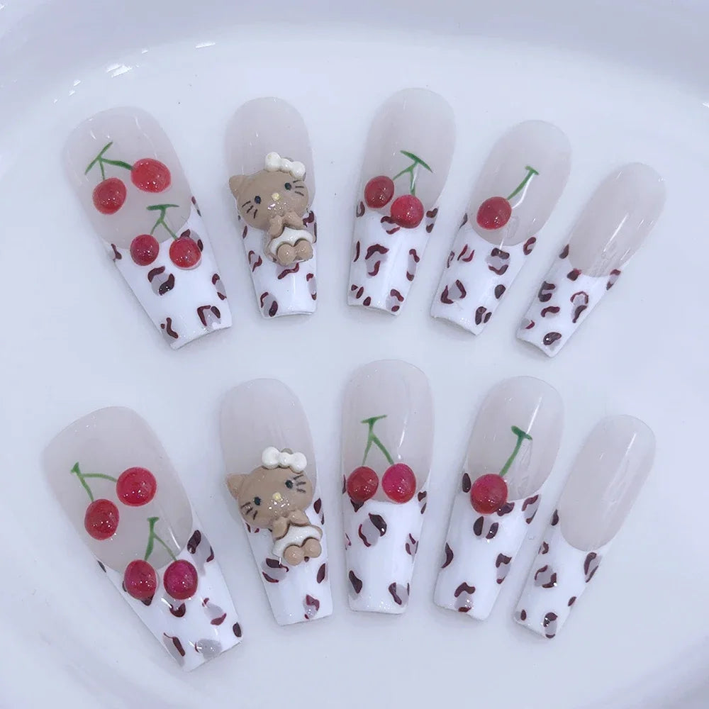 Sanrio Handmade French Press On Nails Hellokitty White Rose Cherry Girl Wearable Nail Tips Long Coffin Square Fake Nails Gift