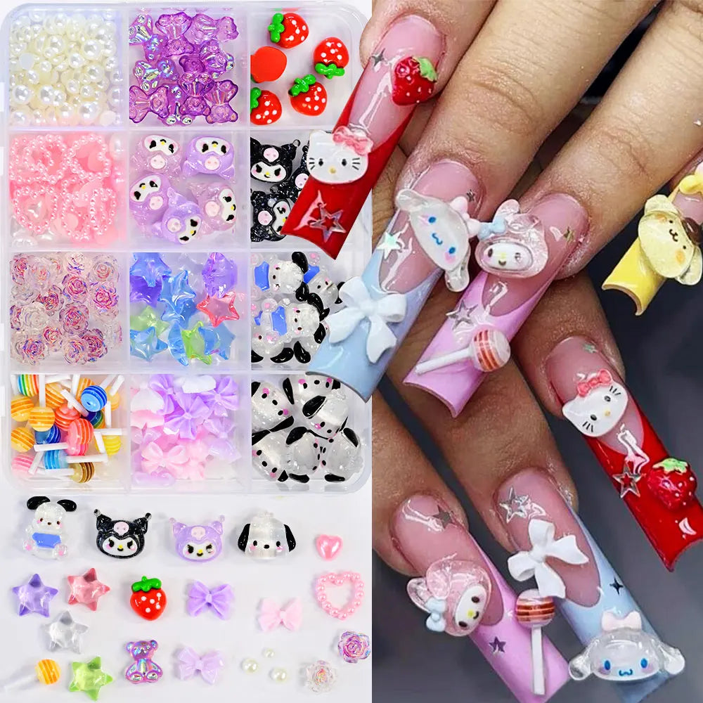 12Girds/Box Sanrioed Hello Kitty Nail Art Rhinestone Kawaii Kuromi Nail Charms Kit DIY Jewelry Decoration Manicure DIY Nail Part