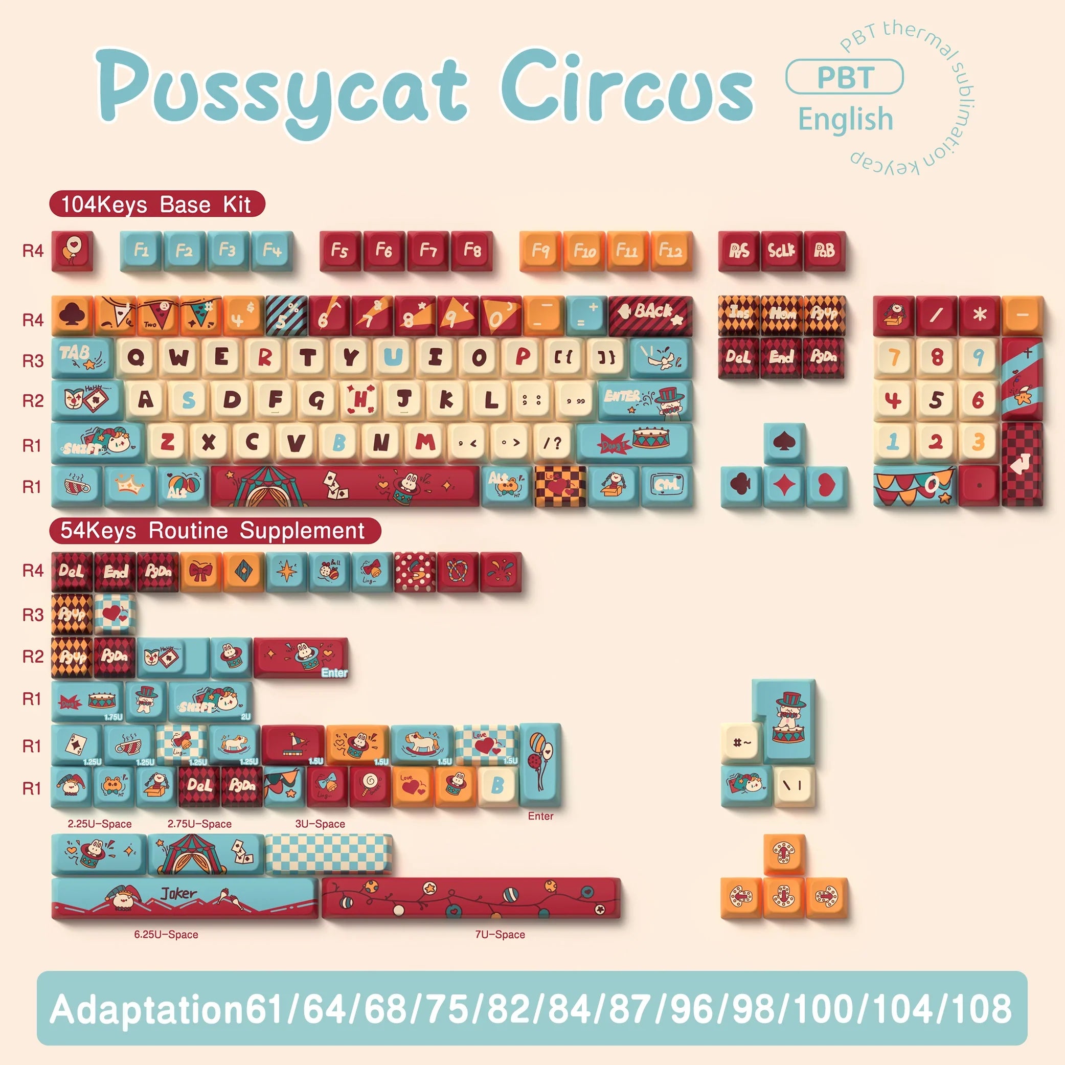 Original Theme Keycaps MDA Profile cute Anime PBT Keycap custom For Mechanical Keyboard with iso layout and 7U space bar