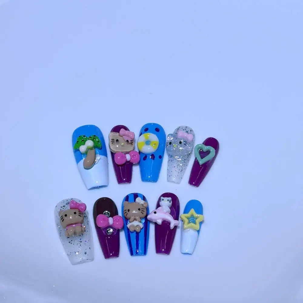 10Pcs Cute 3D Hello Kitty Kuromi Cartoon Handmade Nail Art Fashion Bow Luxury Diamond Detachable Full Cover Nails Holiday Gift