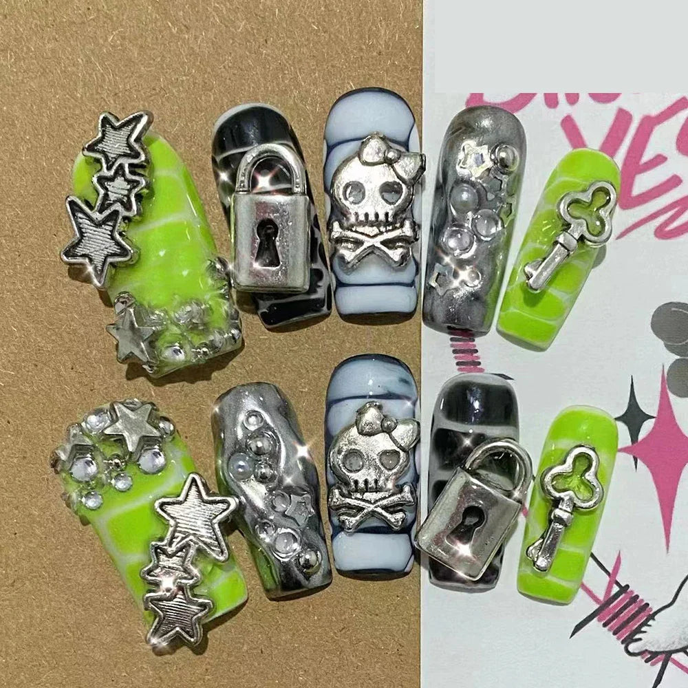 Sanrio Hello Kitty Y2K Nail Cartoon Punk Long Square Handmade Fake Nails Leopard Print Five-Pointed Star Diamond Detachable Nail