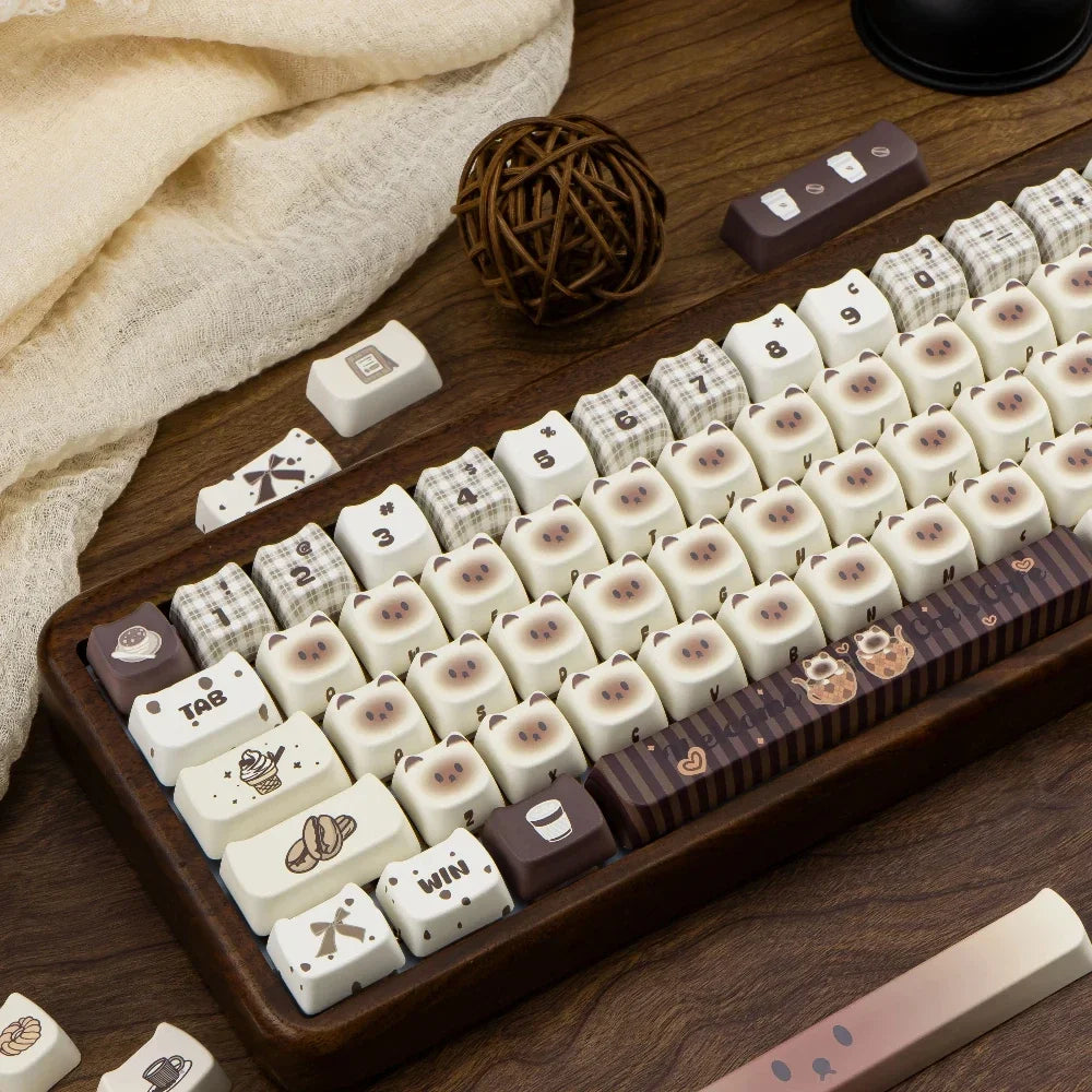 Siamese Cat Keycap Cute Mao Cherry Pbt Cafe Cat Head Cat Ears White Coffee Color 146/133Keys 2.25/2.75U Alice Layout Keycaps