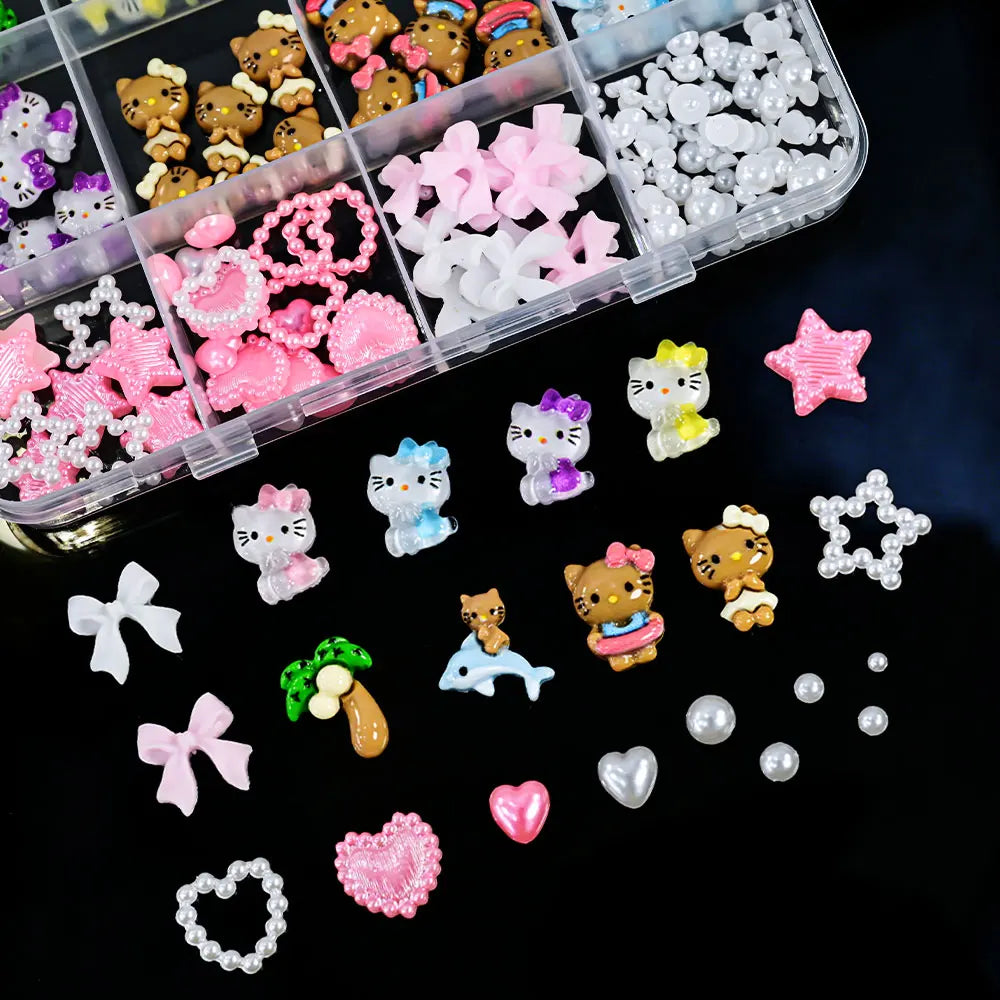 12Girds/Box Sanrioed Hello Kitty Nail Art Rhinestone Kawaii Kuromi Nail Charms Kit DIY Jewelry Decoration Manicure DIY Nail Part