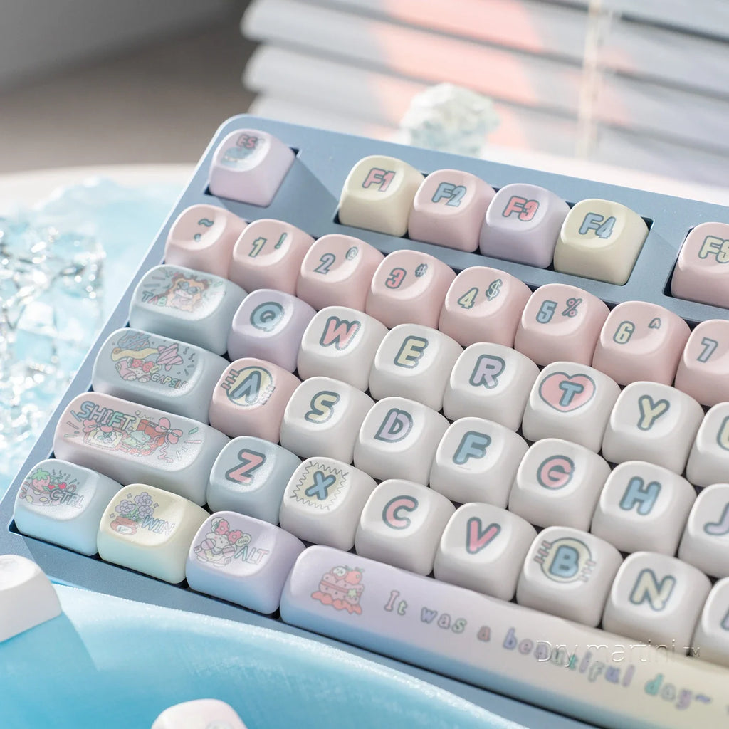 Peach Rabbit Theme Keycap PBT Thermal Sublimation Blue Pink Gradient Ball Cap 131Keys Cute Bunny Mechanical Keyboard Keycaps