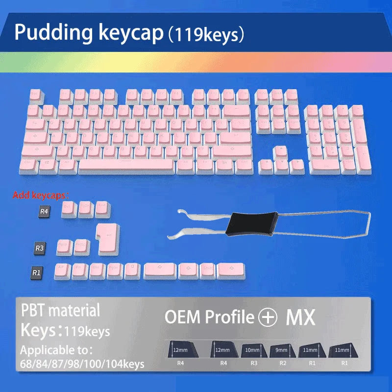 129Keys Pudding Keycap OEM ABS Set Key Cap Ergonomic Cute Key Cap Backlit for Mx Profile Mechanical Keyboard Kit Keycaps