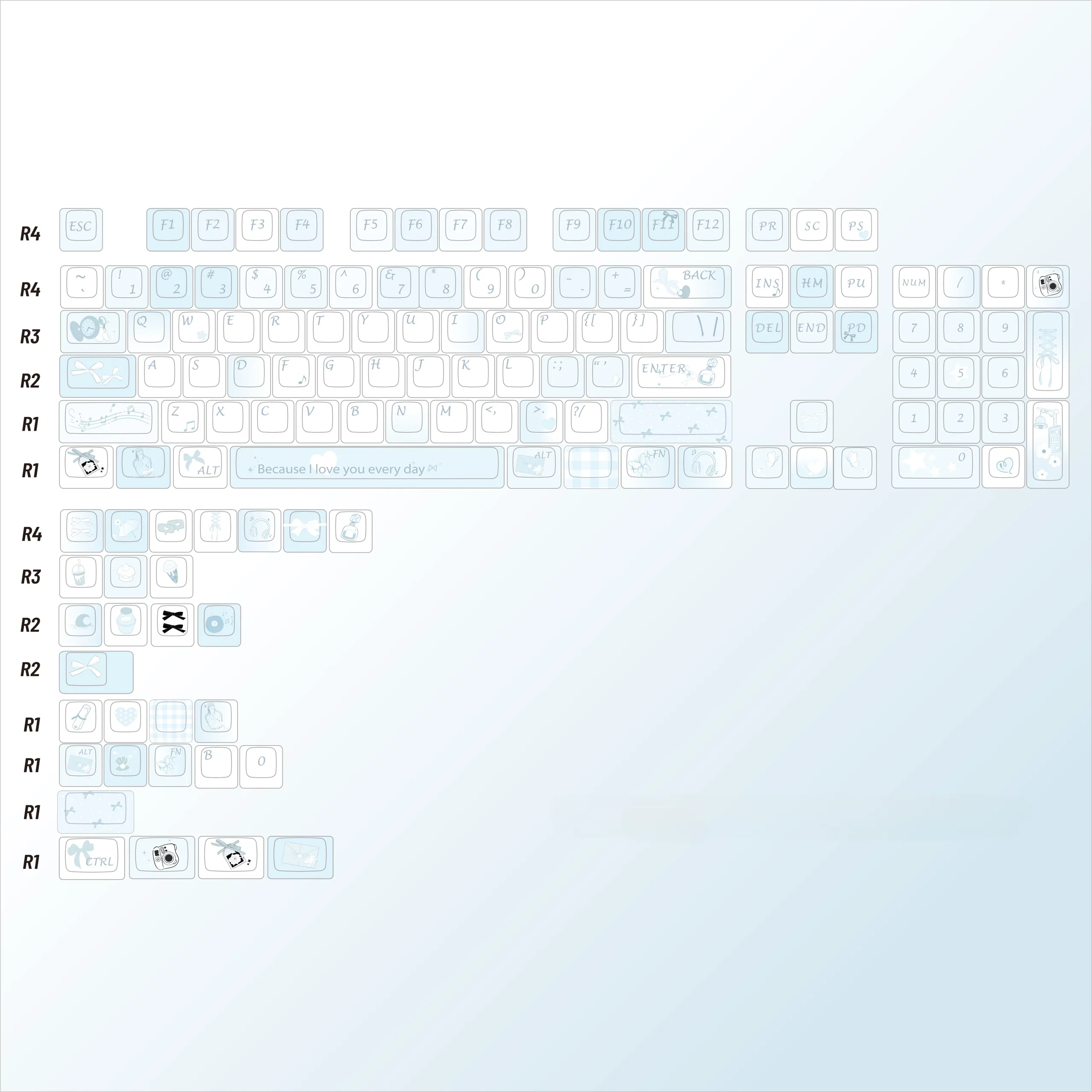 Blue Melody Keycap Set 132 Keys PBT Sublimation Cherry Profile Keycaps for DIY Mechanical Keyboard Small Fresh Summer Key Caps