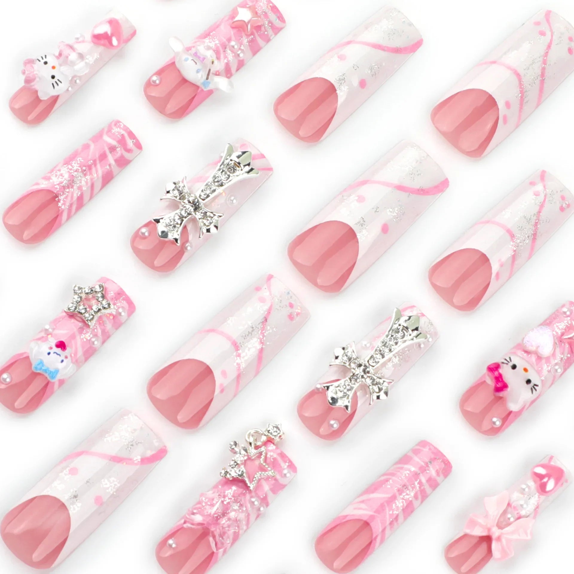 24pcs Light Pink Bowknots Press On Nails Y2k French Style Long Coffin False Nails With Cute Cartoon Metal Star Press On Nail