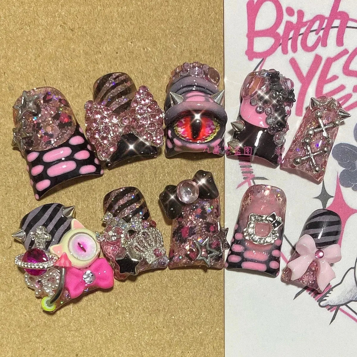 Sanrio Hello Kitty Y2K Nail Cartoon Punk Long Square Handmade Fake Nails Leopard Print Five-Pointed Star Diamond Detachable Nail