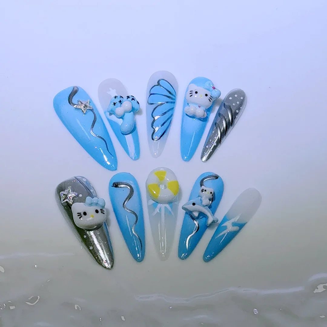 Sanrio Handmade French Press On Nails Hellokitty White Rose Cherry Girl Wearable Nail Tips Long Coffin Square Fake Nails Gift