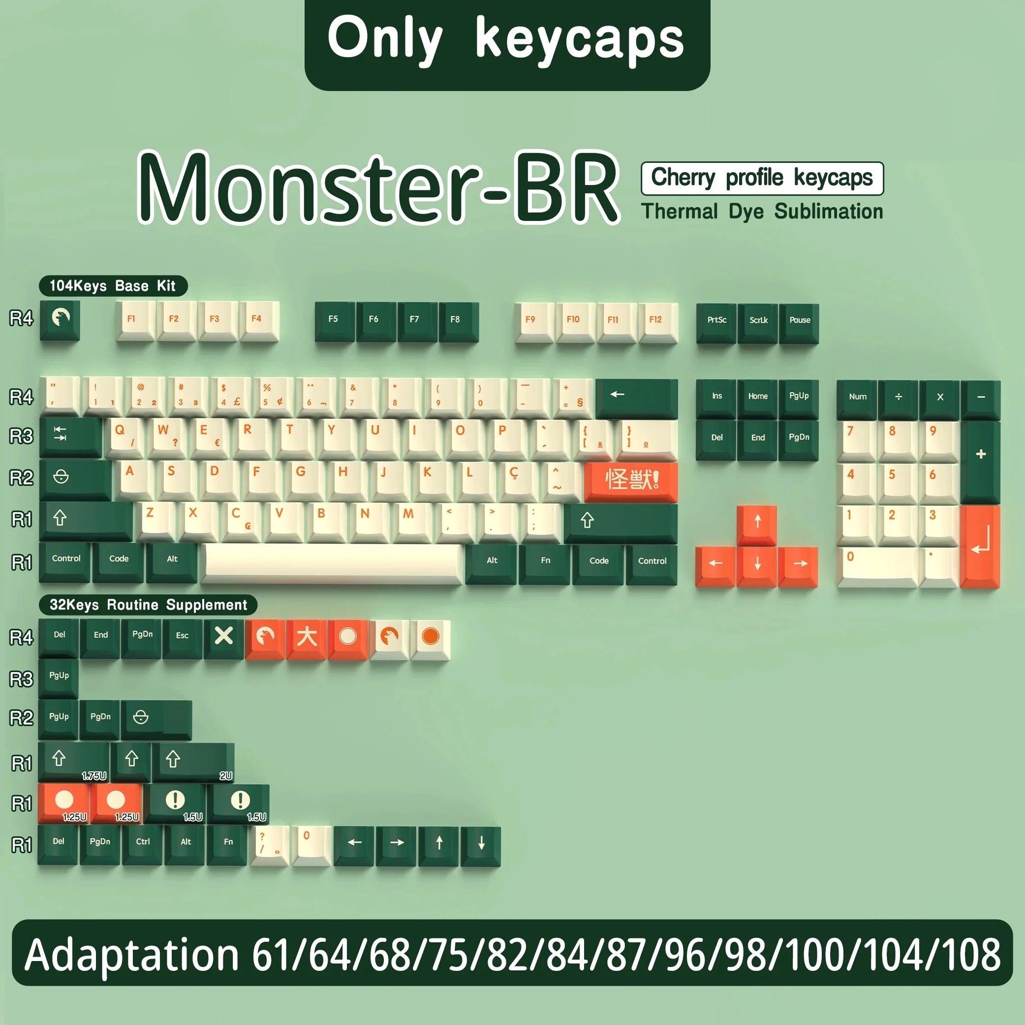 Abnt2 Keycaps Cherry Profile PBT Dye-Sub BR Keycaps Monster Red Samurai Blue Samurai For Mechanical Keyboard 7U Space bar