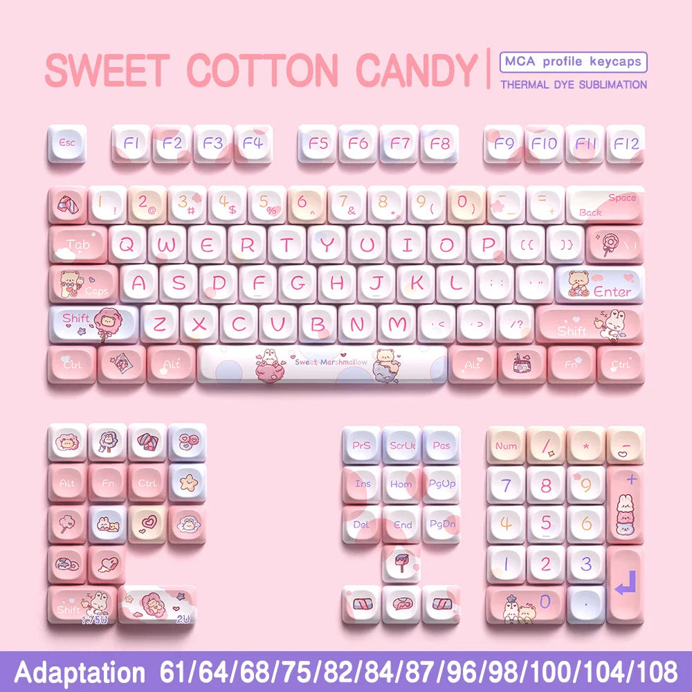 Sweet Cotton Candy Themed Keycaps 112/120key Mca Profile Pbt Thermal Sublimation Mechanical Keyboard Cartoon Pink Anime Keycaps