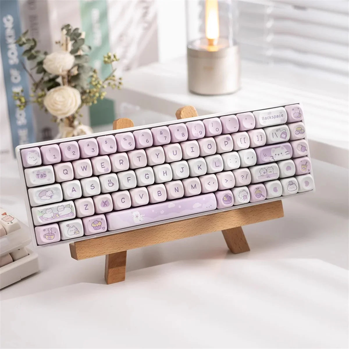 132 Keys Dye Sublimation PBT Keycaps Purple Cute Cat Themed MOT Profile Keycap for Gateron MOA MX Switches Mechanical Keyboard