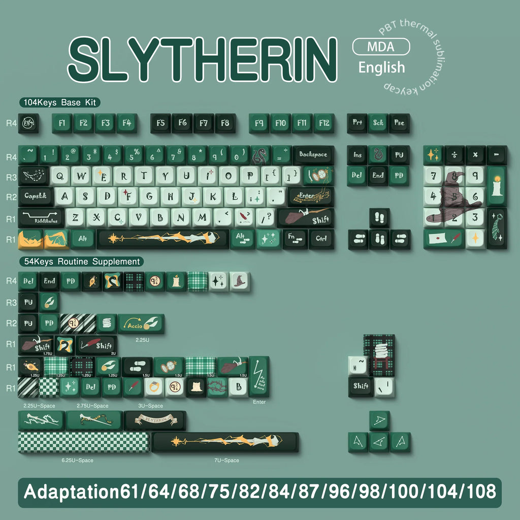 SLYTHERIN Theme Keycaps Cherry/MDA Profile Personalized Cartoon Keycap For Mechanical Keyboard with 7U and ISO key cap