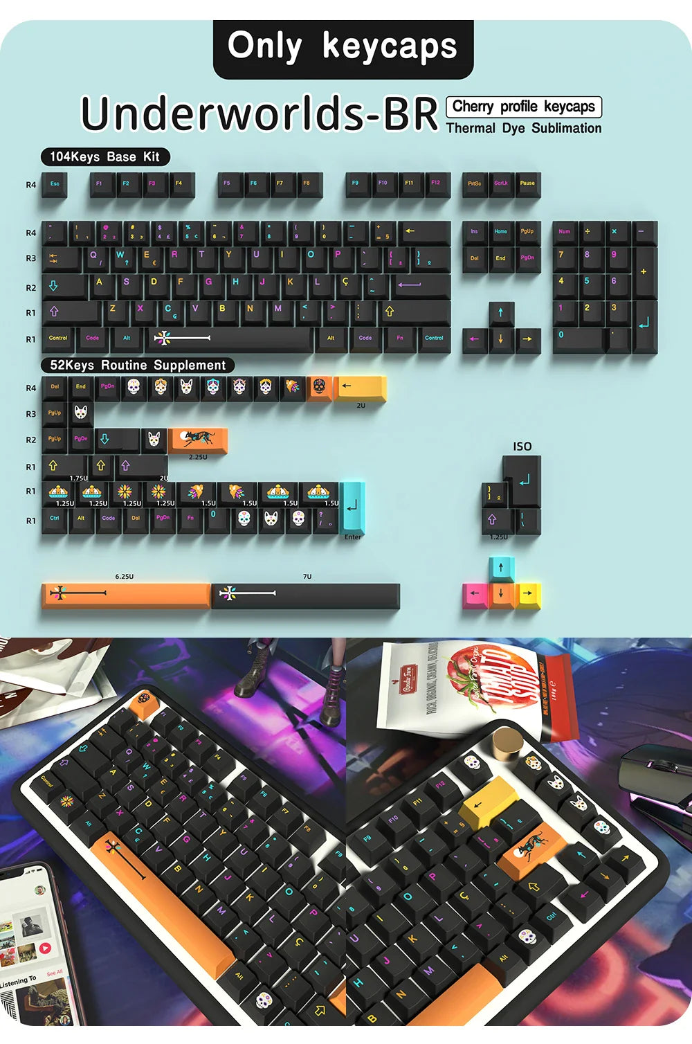 Abnt2 Keycaps Cherry Profile PBT Dye-Sub BR Keycaps Monster Red Samurai Blue Samurai For Mechanical Keyboard 7U Space bar