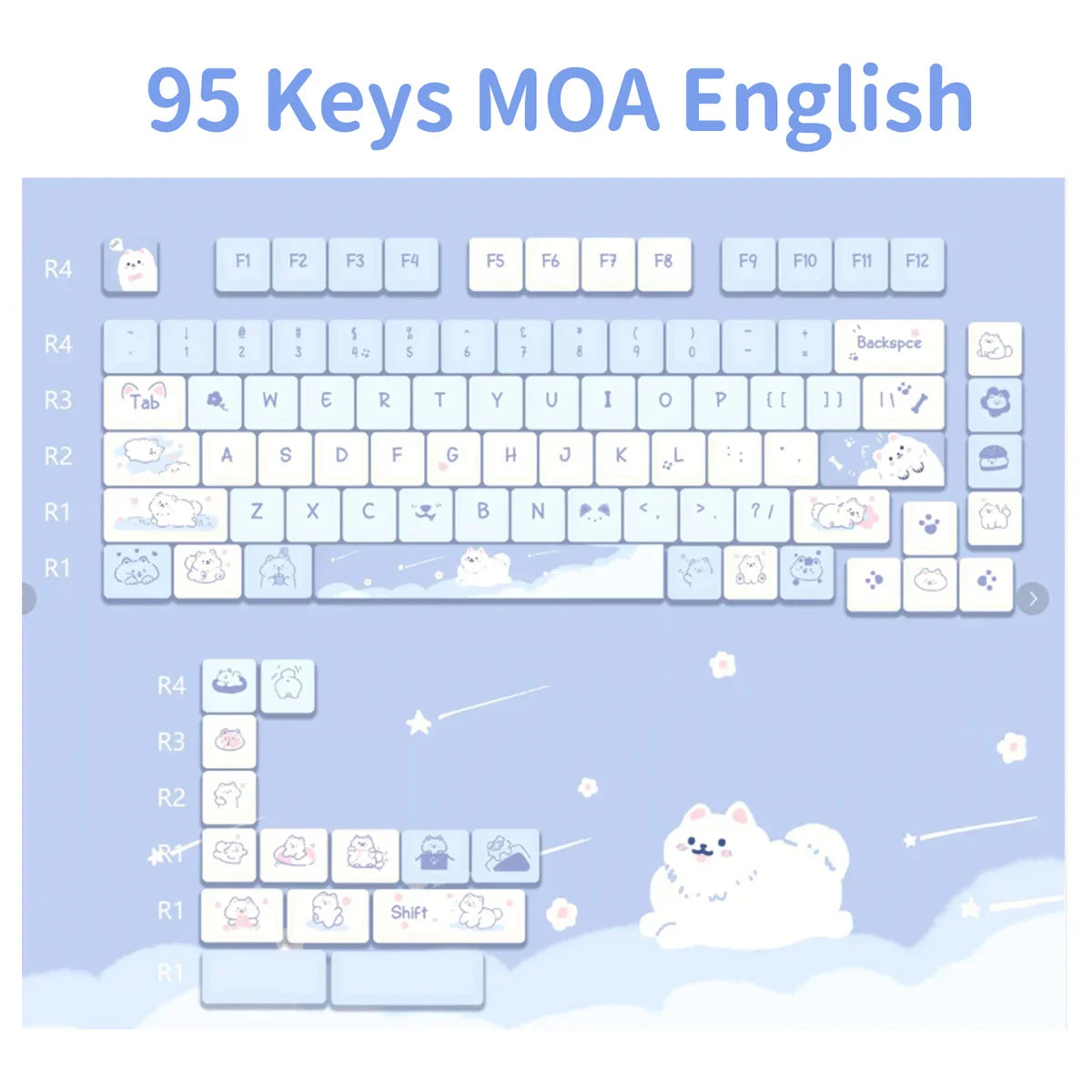 USLION 95Keys MOA Profile Keycaps Cute Samoye Dogs Theme PBT Key Caps Suit for 61/64/68/84/75/87 Keys Gaming Mechanical Keyboard