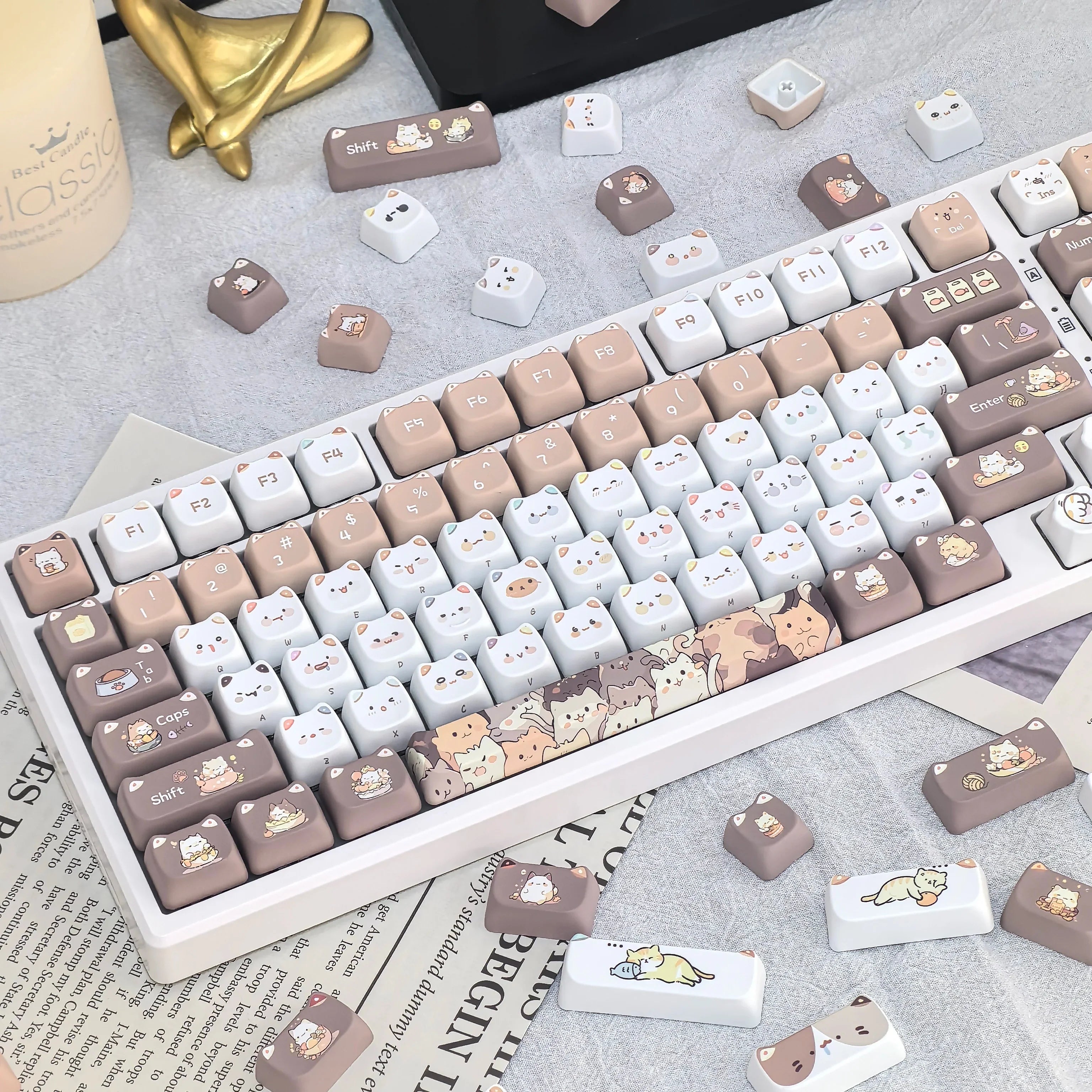 Cute Meow Keycaps Cat Head MAO Profile PBT Square Key Cap Thermal Sublimation Mechanical Keyboard Keycap Cat Set For Girls Gift