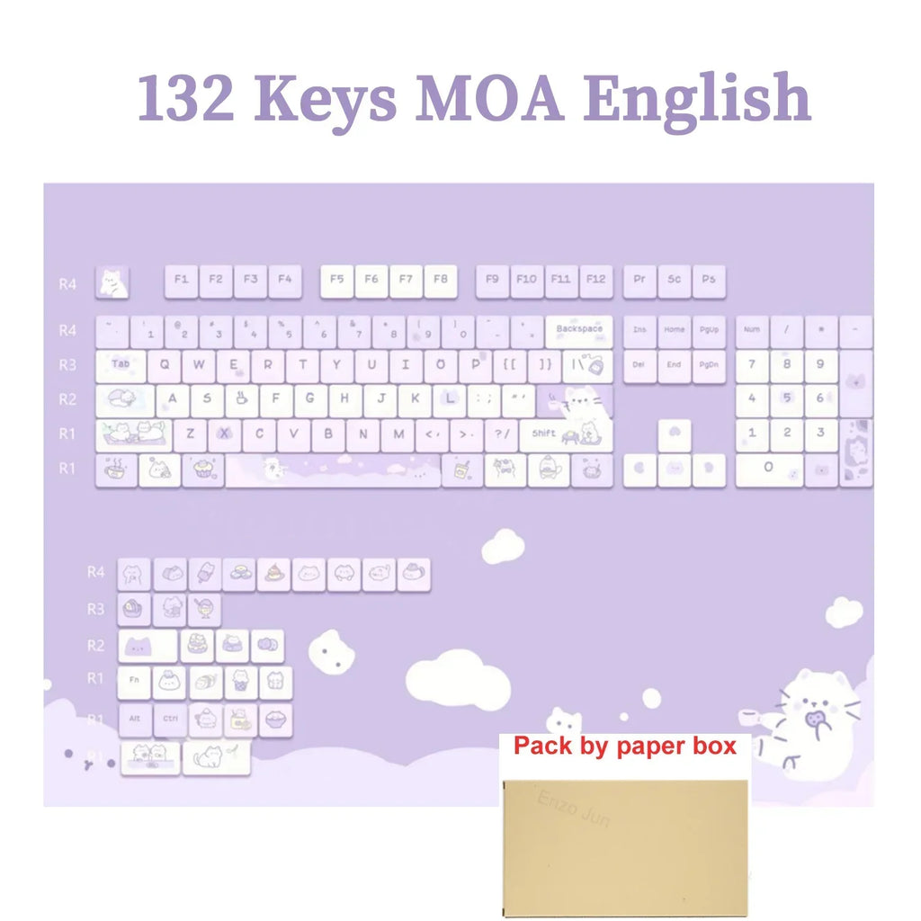 132 Keys Dye Sublimation PBT Keycaps Purple Cute Cat Themed MOT Profile Keycap for Gateron MOA MX Switches Mechanical Keyboard