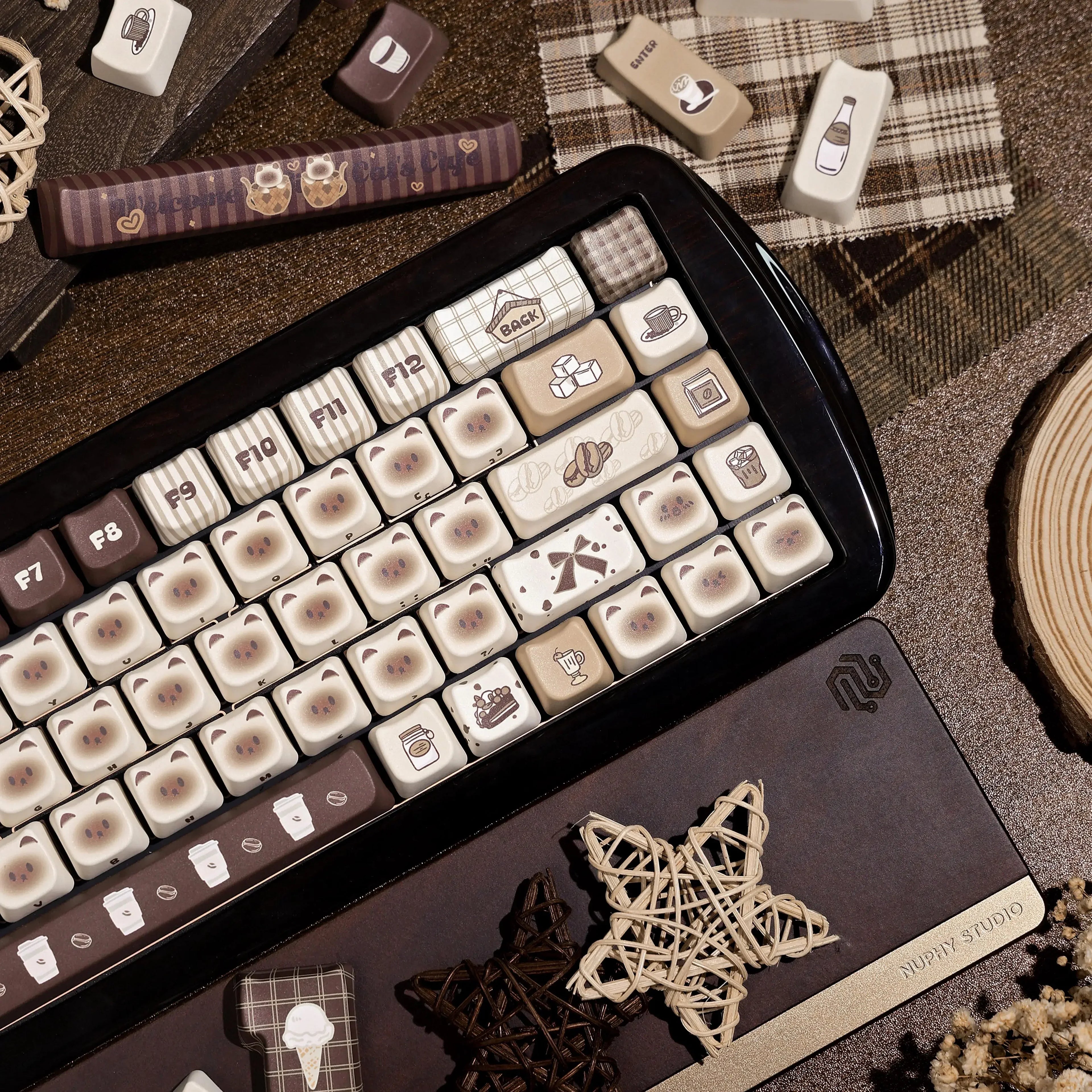 Siamese Cat Cafe Keycap Cherry MAO Profile Cute Cat Head PBT Keycaps Original White Brown Personalized Mechanical Keyboard Caps