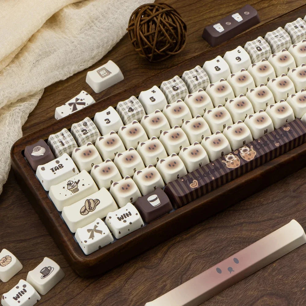 Siamese Cat Cafe Keycap Cherry MAO Profile Cute Cat Head PBT Keycaps Original White Brown Personalized Mechanical Keyboard Caps