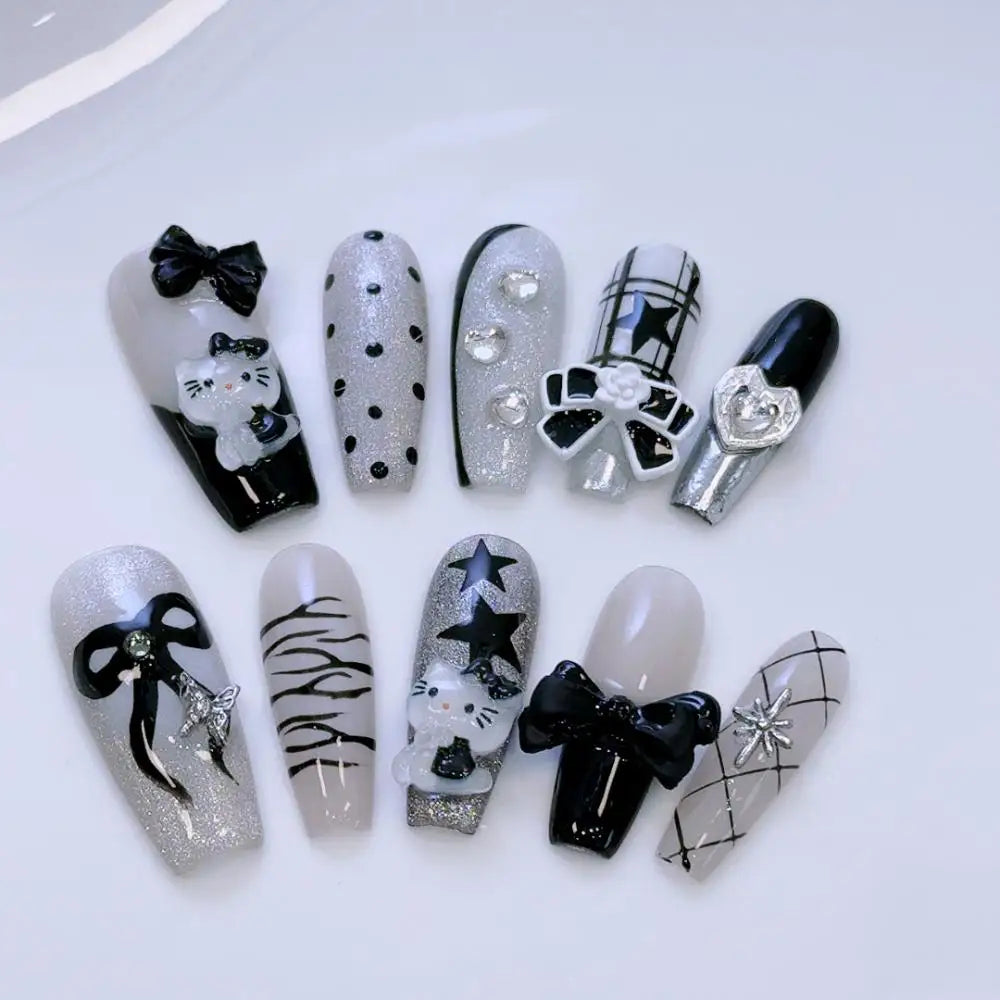 10Pcs Cute 3D Hello Kitty Kuromi Cartoon Handmade Nail Art Fashion Bow Luxury Diamond Detachable Full Cover Nails Holiday Gift