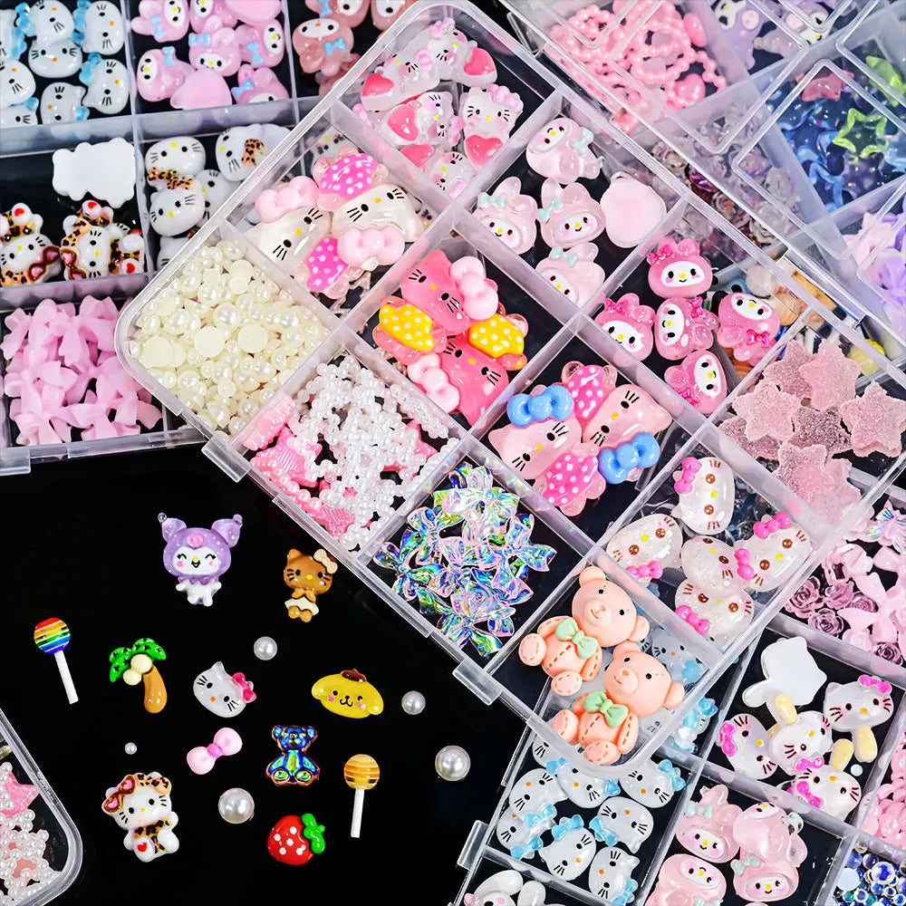 12Girds/Box Sanrioed Hello Kitty Nail Art Rhinestone Kawaii Kuromi Nail Charms Kit DIY Jewelry Decoration Manicure DIY Nail Part