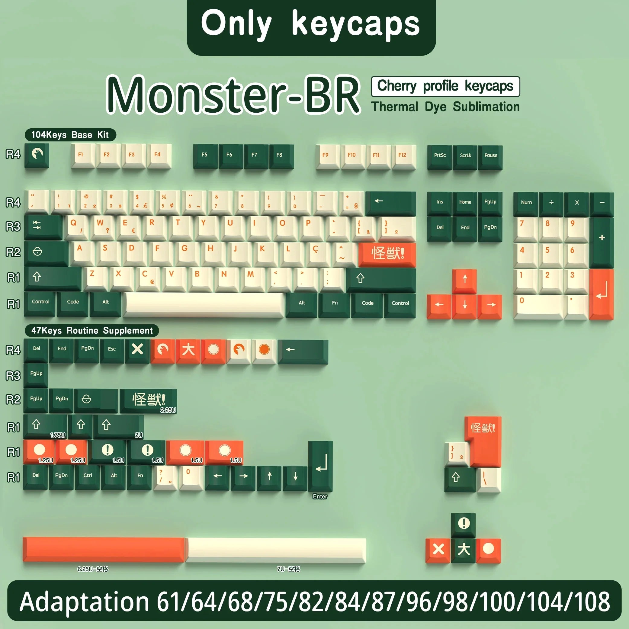 Abnt2 Keycaps Cherry Profile PBT Dye-Sub BR Keycaps Monster Red Samurai Blue Samurai For Mechanical Keyboard 7U Space bar