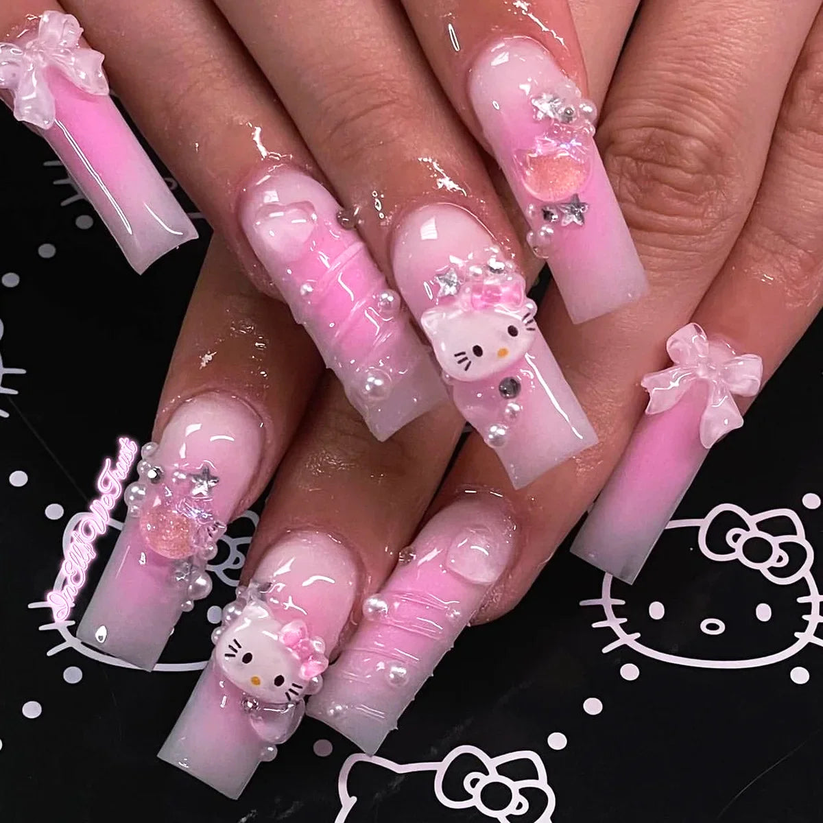 24pcs Light Pink Bowknots Press On Nails Y2k French Style Long Coffin False Nails With Cute Cartoon Metal Star Press On Nail