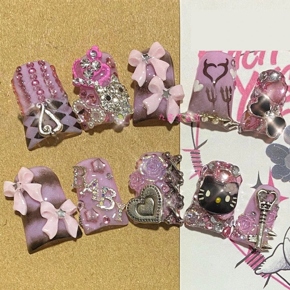 Sanrio Hello Kitty Y2K Nail Cartoon Punk Long Square Handmade Fake Nails Leopard Print Five-Pointed Star Diamond Detachable Nail